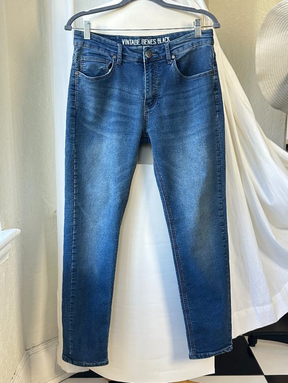 Vintage Genes Black Men’s Slim Jeans W32 L30 Blue Stretch Denim